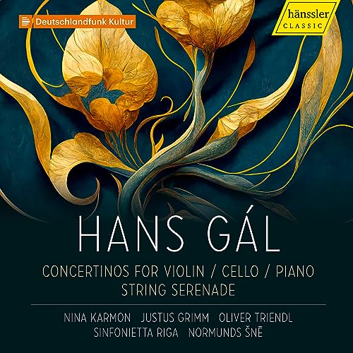 CD cover for Hans Gál’s concertinos with floral, abstract artwork.