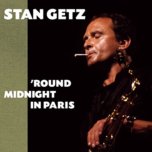 Stan Getz portrait with saxophone, album cover for “Round Midnight in Paris.”