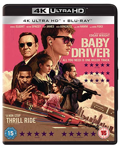 Baby Driver" Blu-ray cover featuring a cast portrait and red car.