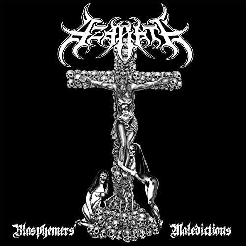 Black and white album cover with a crucifix made of skulls and figures.