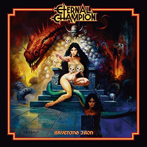 Fantasy album cover featuring a woman, dragon, skulls, and fiery background.