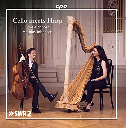 CD cover featuring a cellist and harpist in a concert hall.