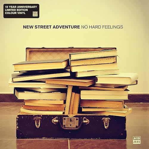 Vinyl album cover with stacked books on a vintage suitcase.
