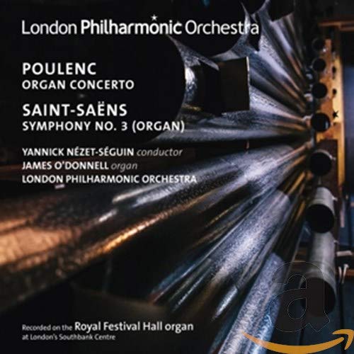 CD cover for Poulenc & Saint-Saëns orchestral works, featuring organ pipes.