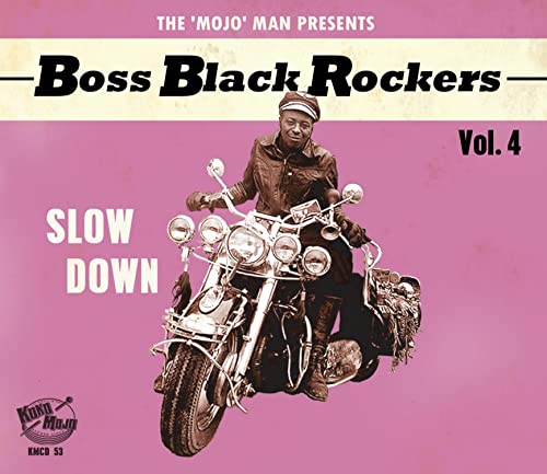 CD cover: Man on vintage motorcycle, pink background, text “Boss Black Rockers”.