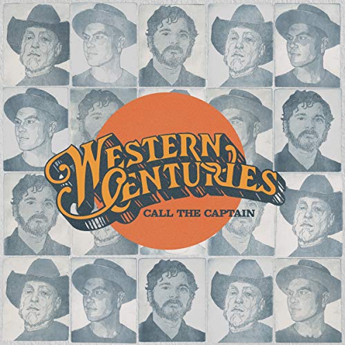 Vinyl album cover with grid of cowboy portraits and orange title.