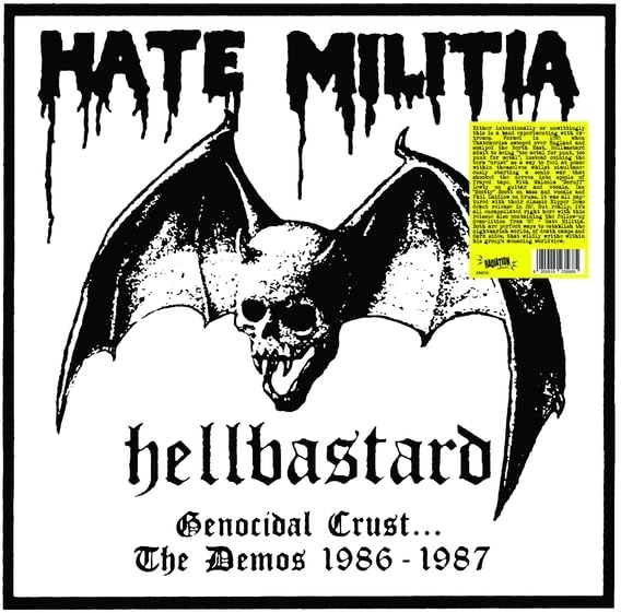 Record cover: skull with bat wings and dripping text, "Hellbastard" and "Genocidal Crust.