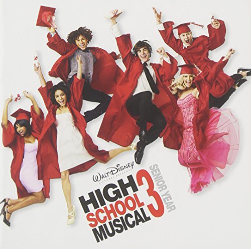 “High School Musical 3” CD cover featuring jumping graduates in red gowns.