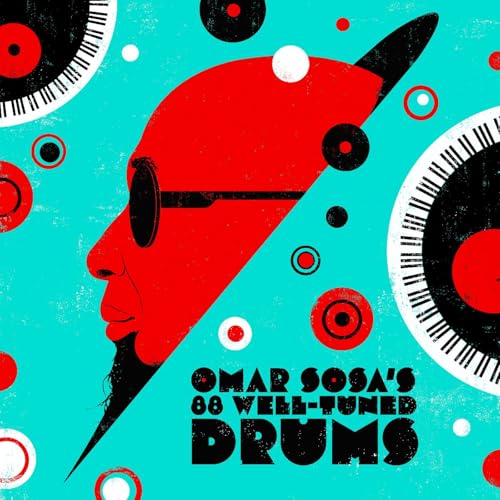 Red profile of Omar Sosa with drum and record imagery.