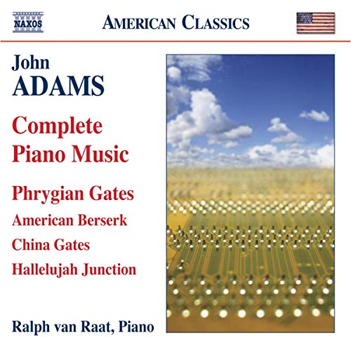 CD cover for John Adams’ “Complete Piano Music” with a sky background.