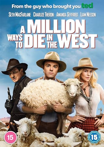 Million Ways to Die in the West" DVD cover with cowboys, sheep, and actors.