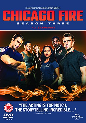 DVD cover for Chicago Fire Season Three featuring the main cast above orange flames.