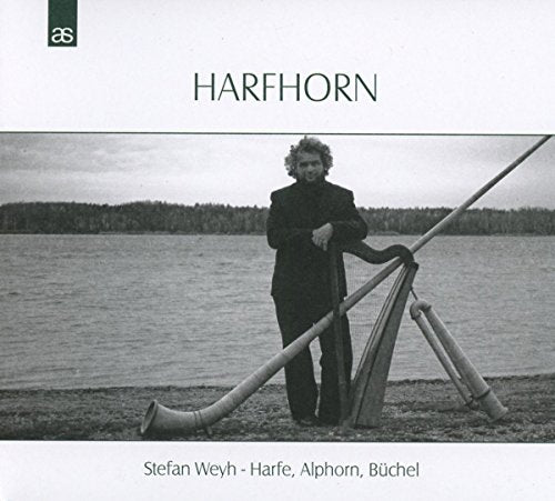 Black and white CD cover featuring a man with a long horn and harp.