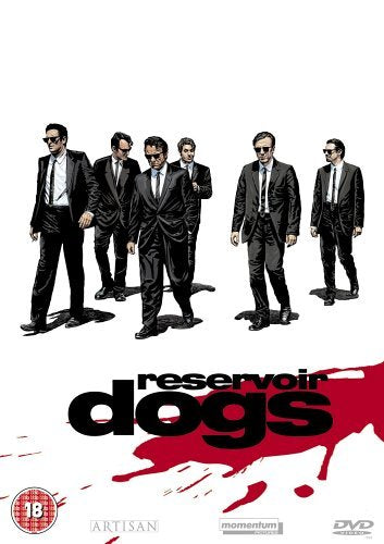 Six suited men with sunglasses walk in formation, “Reservoir Dogs” title.