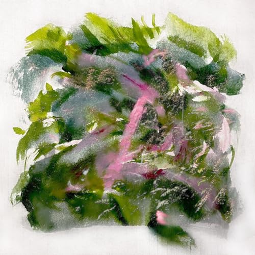 Abstract painting of pink and green foliage, resembling a forest.
