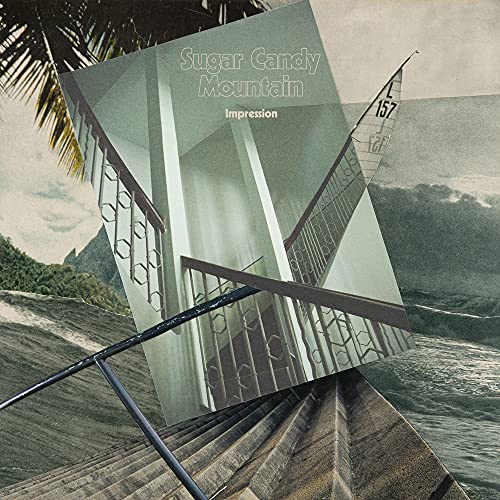 Vinyl album cover: green mountain scene with sailboat and geometric shapes.