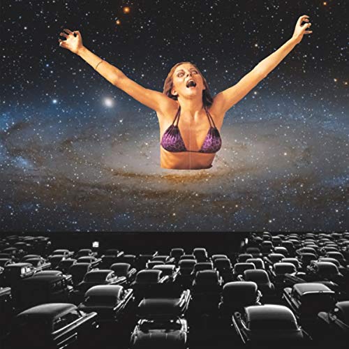 Woman in bikini levitates against a starry, galactic background.