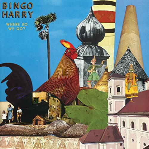 Collage album cover featuring a large rooster, buildings, and figures.