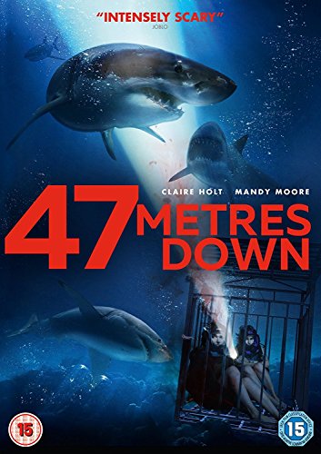 47 Metres Down" DVD cover featuring sharks, a cage, and divers underwater.