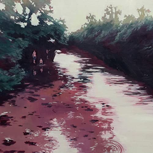 Painted landscape of a stream with three figures near trees.