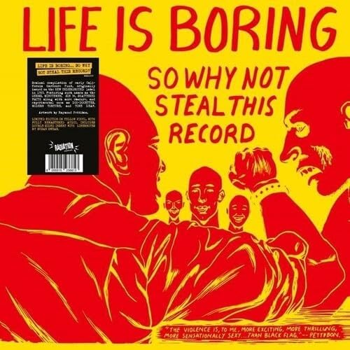 Yellow vinyl record cover with red silhouettes of faces and hands.