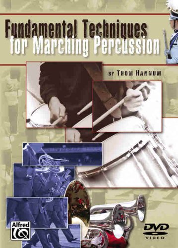 DVD cover for āFundamental Techniques For Marching Percussionā with drum imagery.
