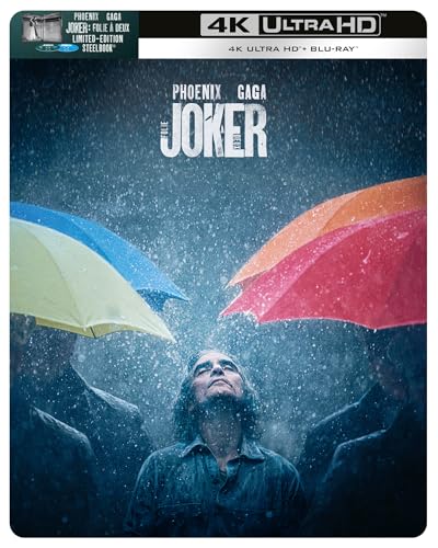 “Joker: Folie à Deux” Blu-ray cover with Joaquin Phoenix under colorful umbrellas.