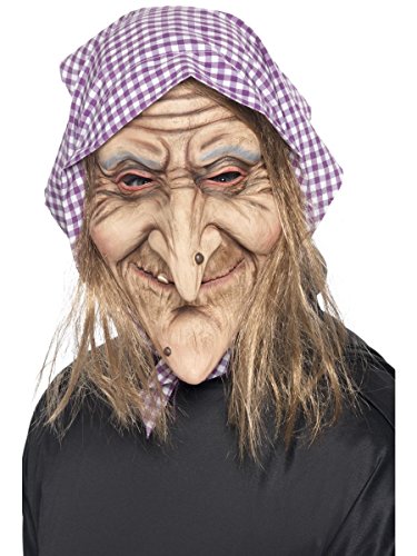 Smiffys Old Witch Mask with Hair and Headscarf Latex, White Skin Tone, One Size