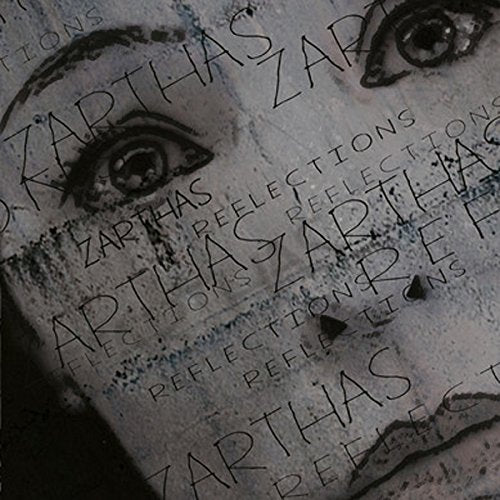 Close-up of eyes and repeated text on a textured, dark background.