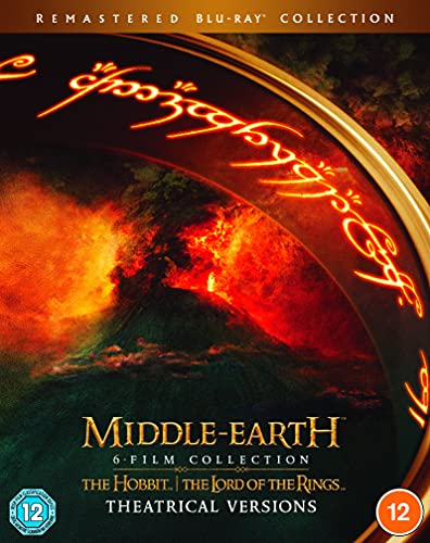 Middle-earth 6-film Blu-ray collection cover with fiery mountain and script.