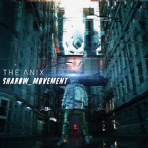 A person stands in a digital, glitch-effect city street with floating objects and bright light.