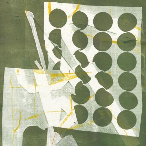 Abstract album cover with green and white shapes, and yellow lines.