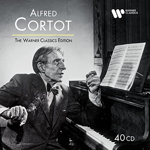 Alfred Cortot CD cover: pianist at piano with sheet music.
