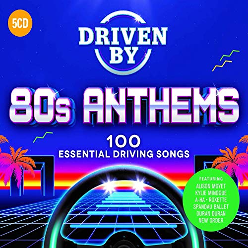 CD cover for “Driven By 80s Anthems” with neon grid and palm trees.