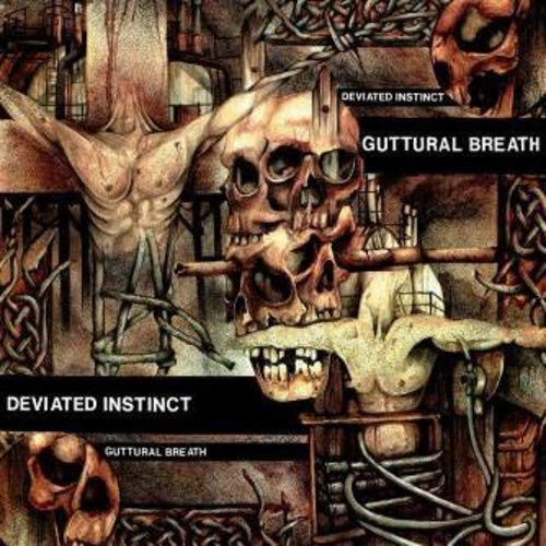Album cover for Deviated Instinct’s “Guttural Breath” featuring skulls and anatomy.