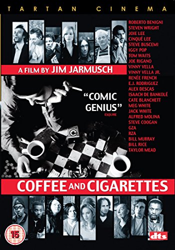 DVD cover for Coffee and Cigarettes featuring a checkered table, coffee cups, and portraits.