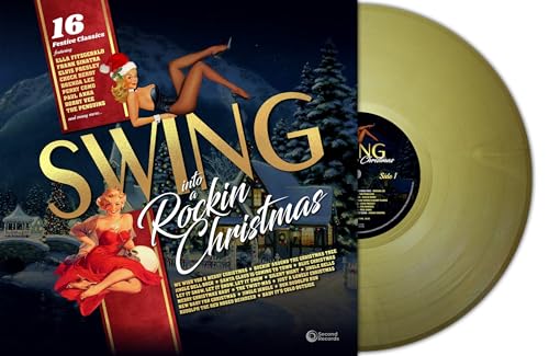 Gold vinyl record with Christmas-themed album cover featuring vintage imagery.
