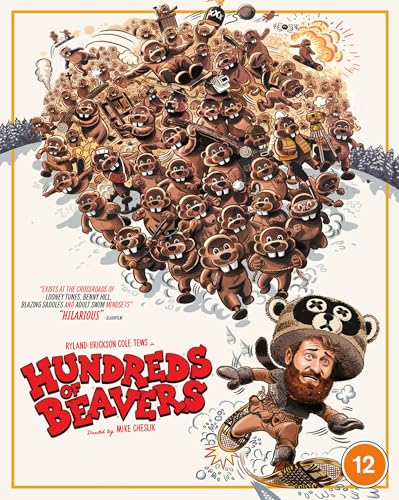 Movie poster for "Hundreds of Beavers" featuring many cartoon beavers and a man.