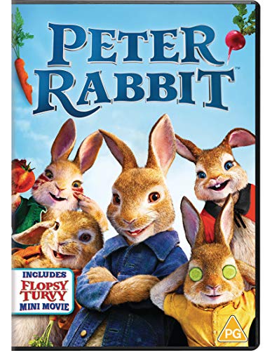 Peter Rabbit" DVD cover featuring animated rabbits and vegetables.