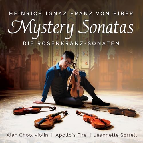 CD cover: violinist Alan Choo, three violins, church interior background.