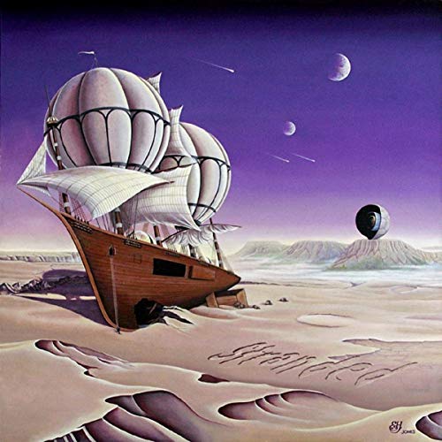 Surreal painting of a ship with balloon sails in a desert landscape.