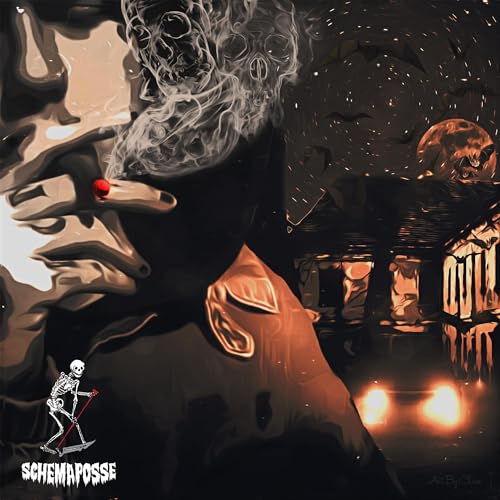 Lil Peep album cover: man smoking, spooky background, skeletal figure.