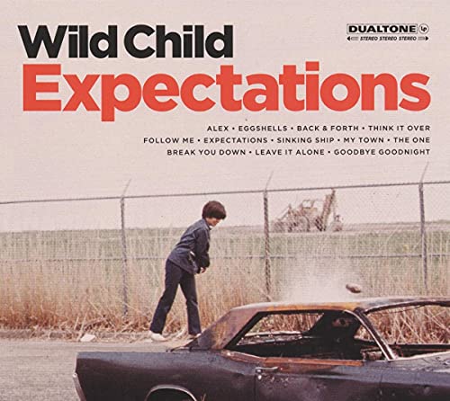 Album cover: "Wild Child - Expectations" with a boy and burnt car.