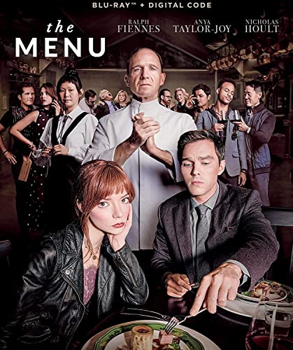 The Menu" Blu-ray cover featuring Ralph Fiennes and Anya Taylor-Joy.