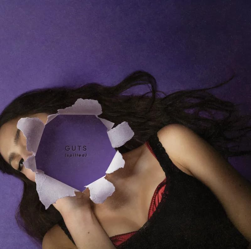 Olivia Rodrigo album cover, “Guts (spilled)”, with torn paper over eyes.