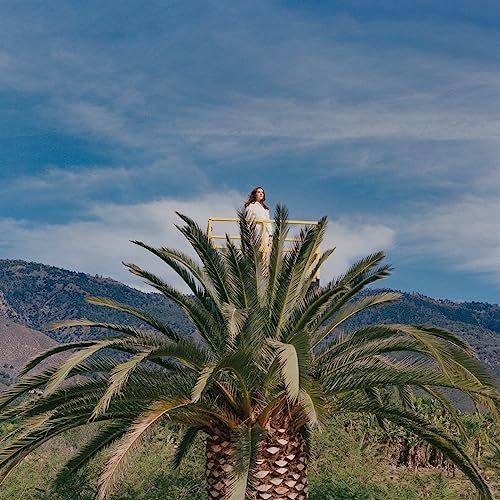 Woman in white dress atop a structure, palm trees below, mountains.