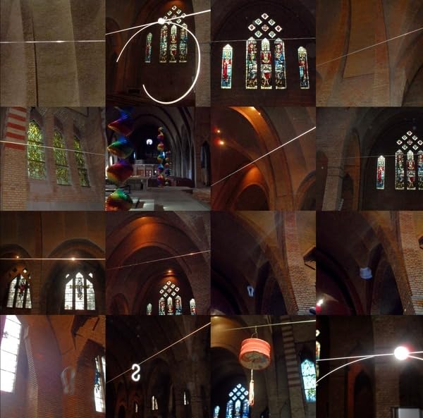 Collage of stained glass windows and architectural details inside a church.