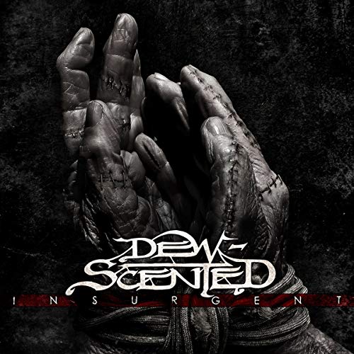 Dark album cover featuring stitched, grasping hands and band name “Dew-Scented”.