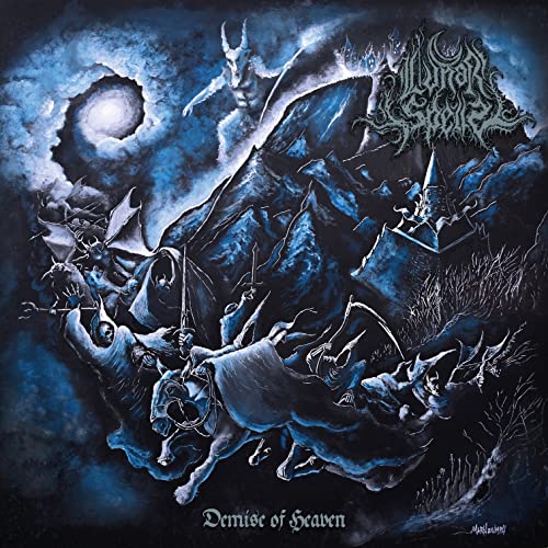 Dark fantasy album cover with demonic figures, mountains, and a moon.