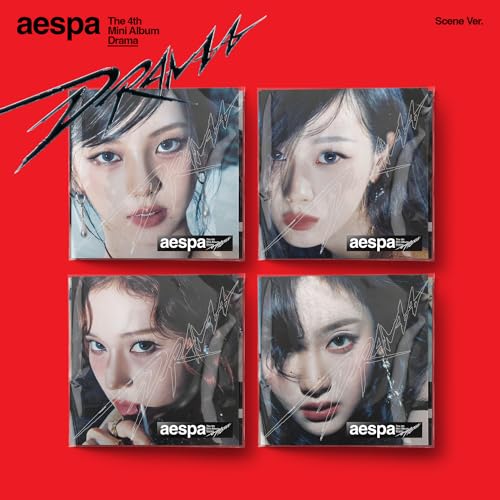 Aespa “Drama” CD album cover with four portraits on a red background.